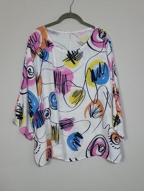 Vintage Made in Italy 100% Linen Wearable Art Tunic Top L XL Colorful Artsy